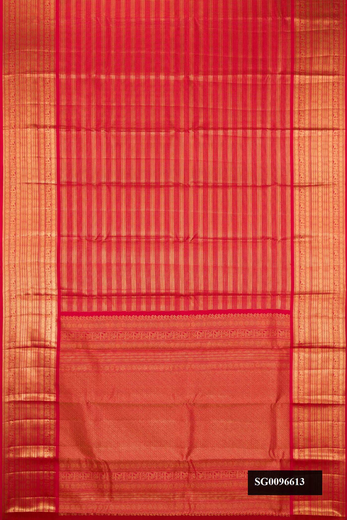 Red Dual Tone Kanchipuram Silk Saree with Zari Brocade on the body and Zari Border.  displayed on a mannequin