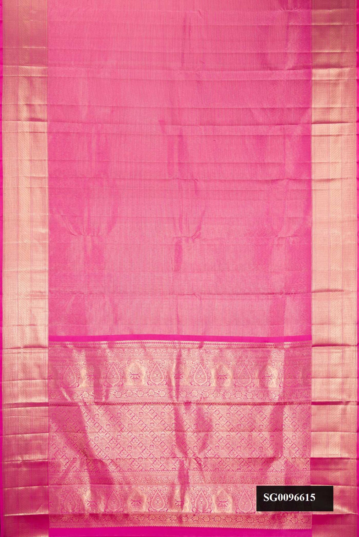 Pink Dual Tone Kanchipuram Silk Saree with Zari Brocade on the body and Zari Border.  displayed on a mannequin