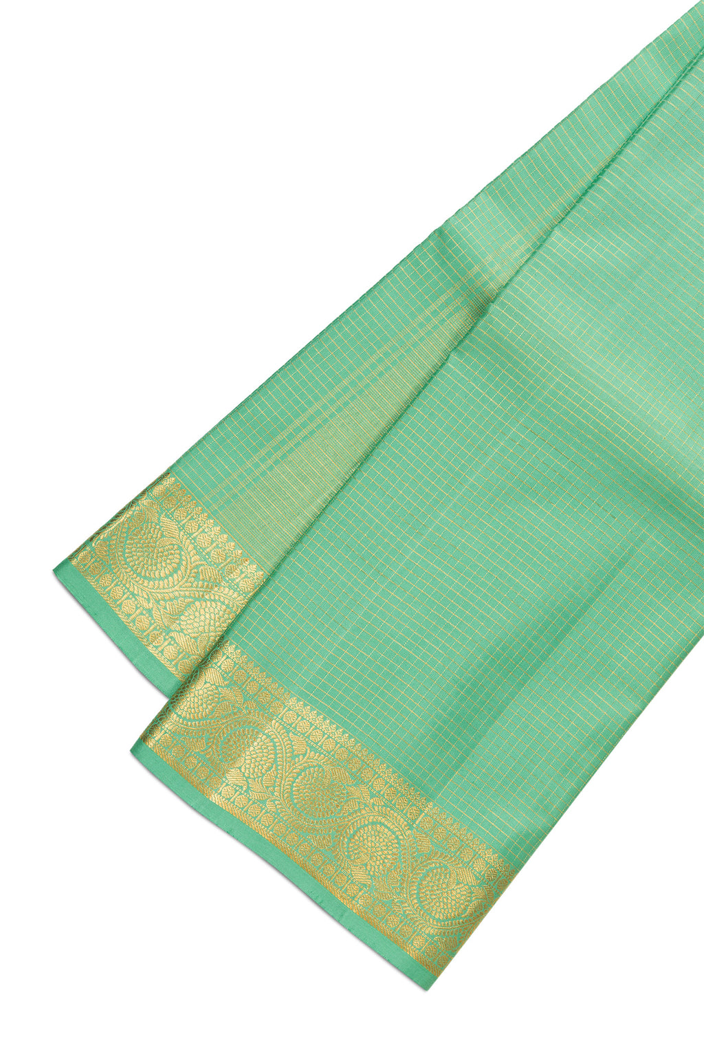 Pista Green Silk Dhoti With Angavastram (9X 5) Muzham with Checked design on the body and Zari Border