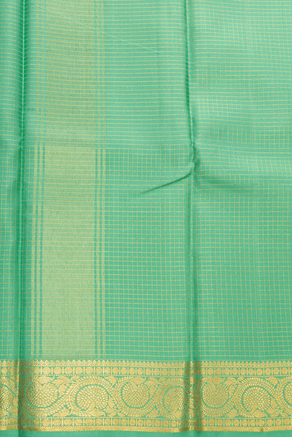 Pista Green Silk Dhoti With Angavastram (9X 5) Muzham with Checked design on the body and Zari Border