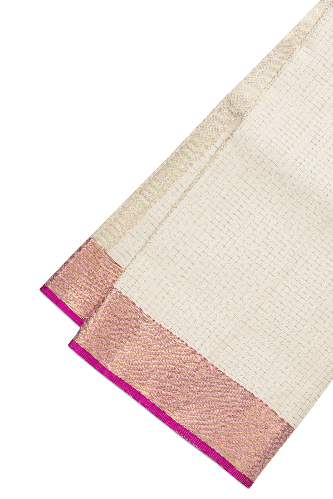 Off White Silk Dhoti With Angavastram (9X 5) Muzham with Checked design on the body and Zari Border