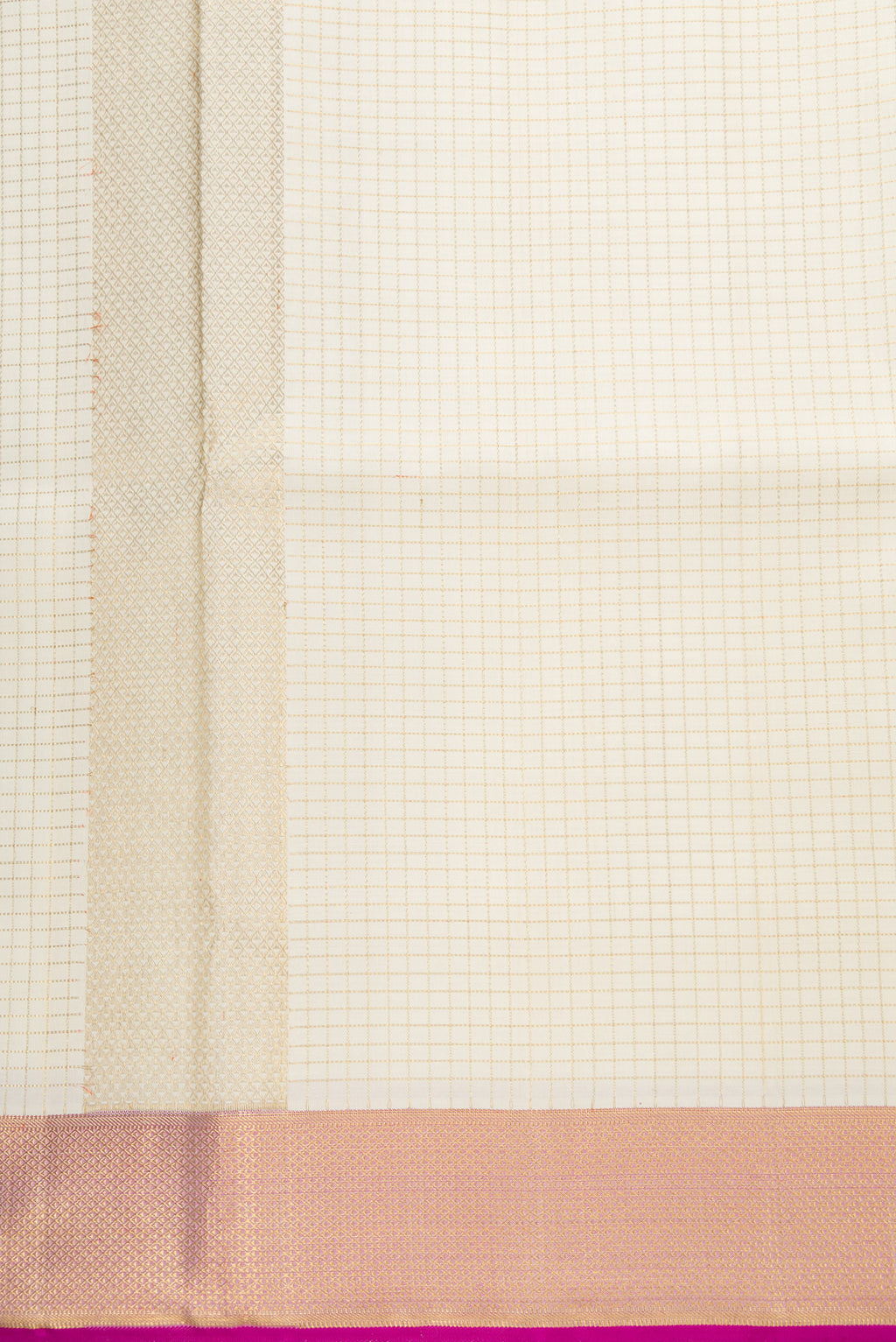 Off White Silk Dhoti With Angavastram (9X 5) Muzham with Checked design on the body and Zari Border