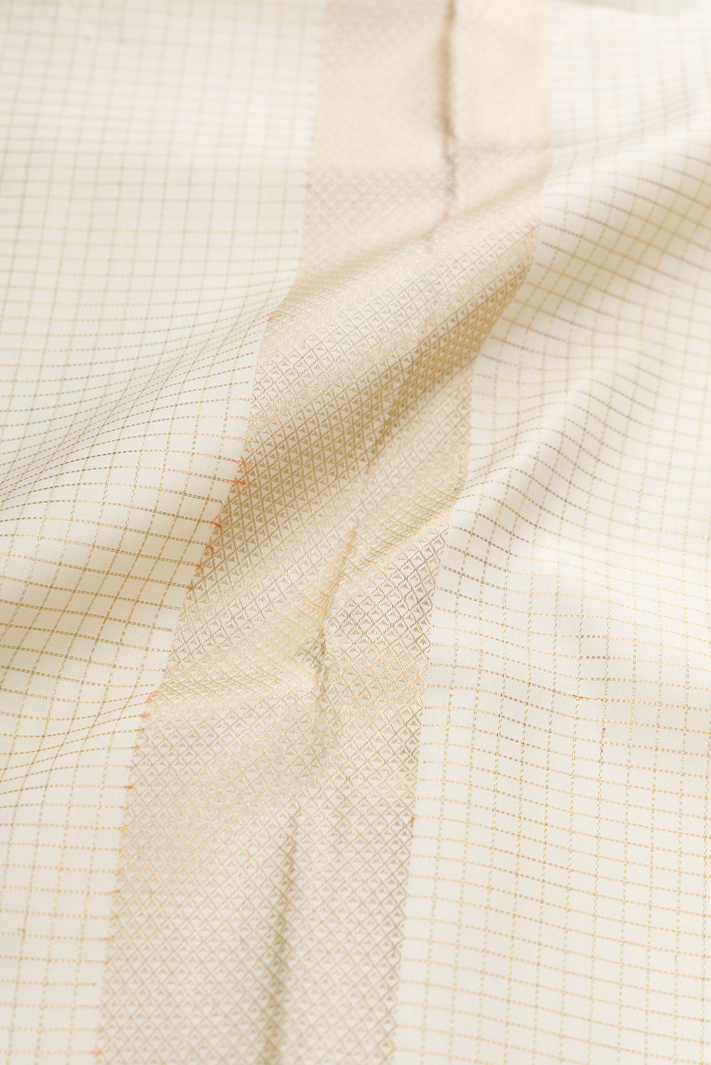Off White Silk Dhoti With Angavastram (9X 5) Muzham with Checked design on the body and Zari Border