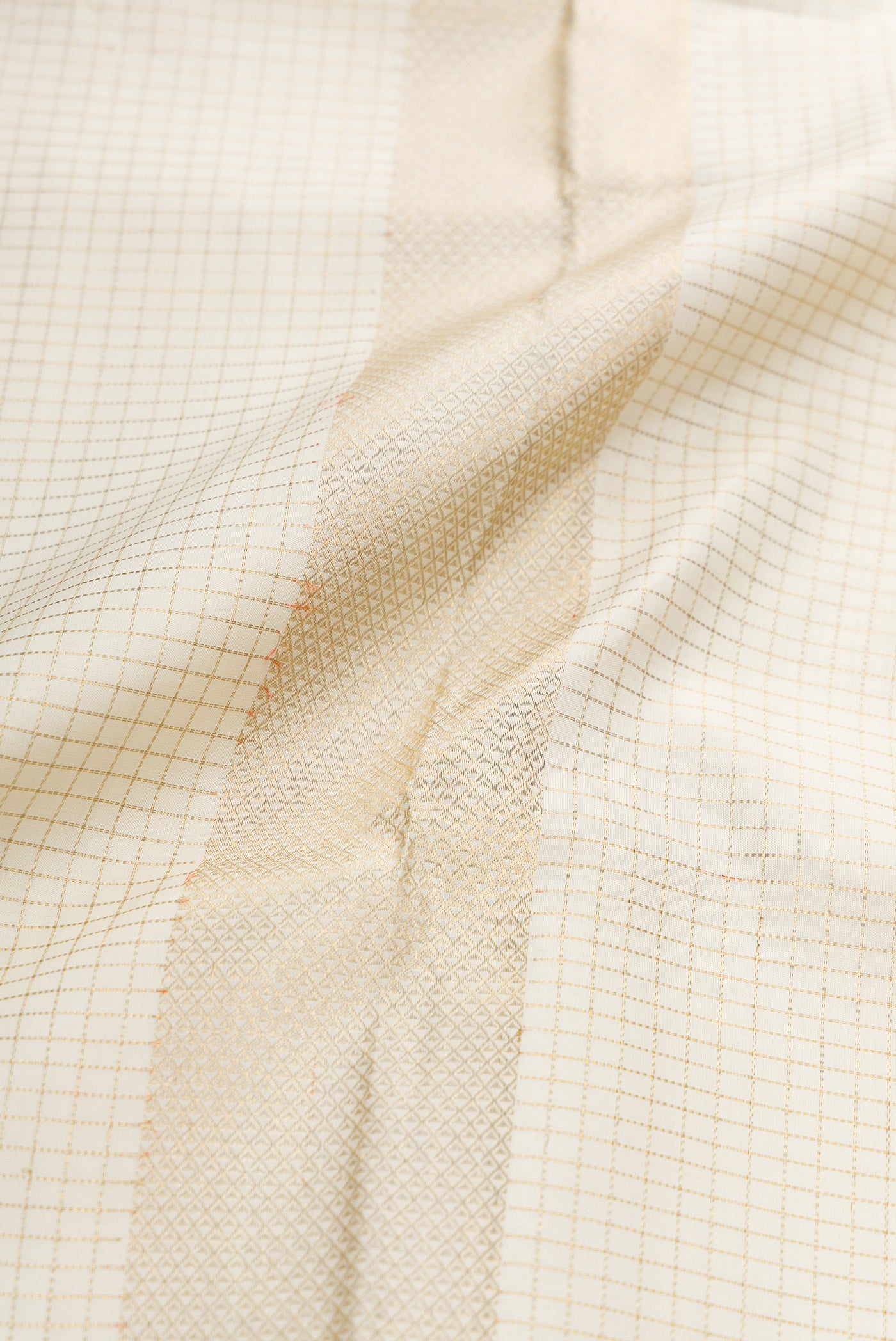 Off White Silk Dhoti With Angavastram (9X 5) Muzham with Checked design on the body and Zari Border