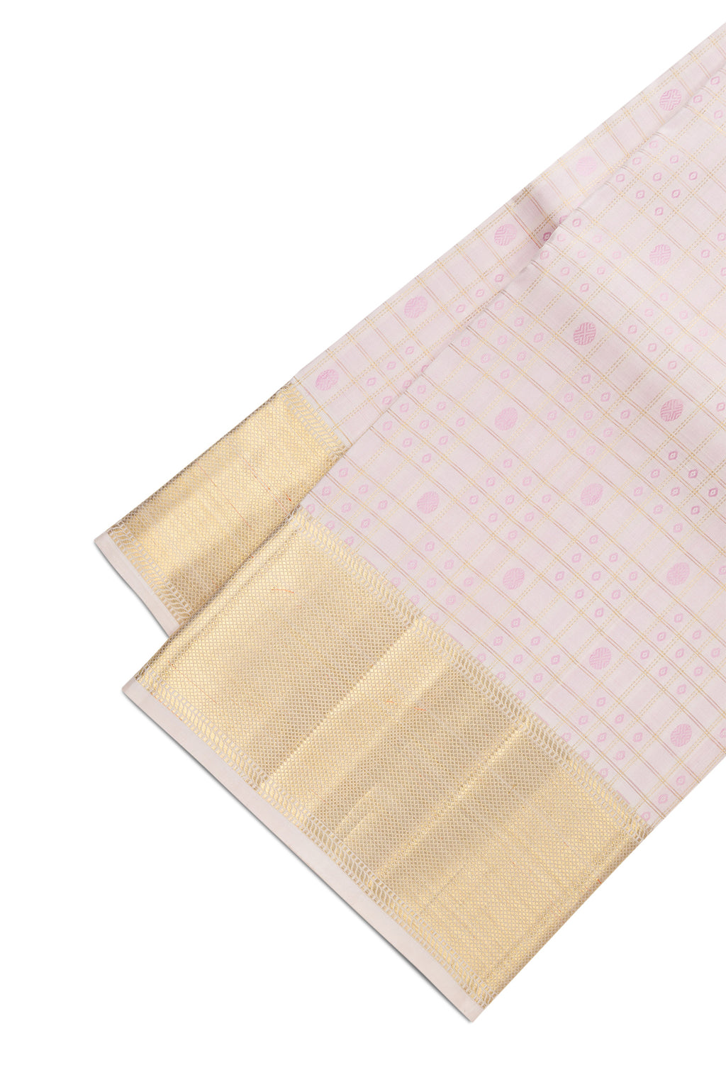 Pink Silk Dhoti With Angavastram (8X4) Muzham with Checked design on the body and Zari Border