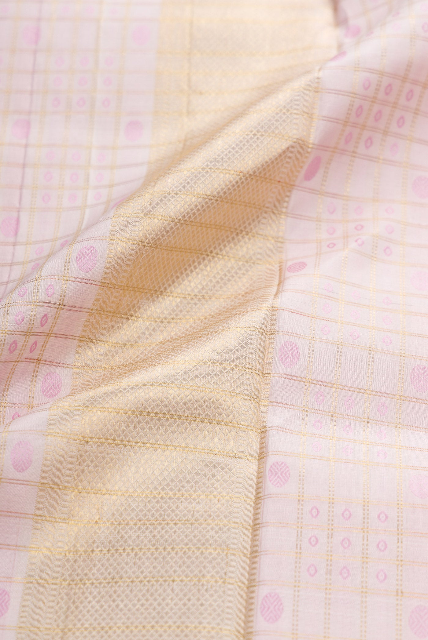 Pink Silk Dhoti With Angavastram (8X4) Muzham with Checked design on the body and Zari Border