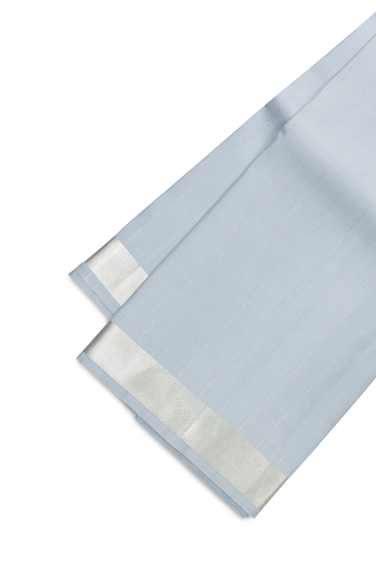 Grey Silk Dhoti With Angavastram (8X4) Muzham with Stripes on the body and Zari Border