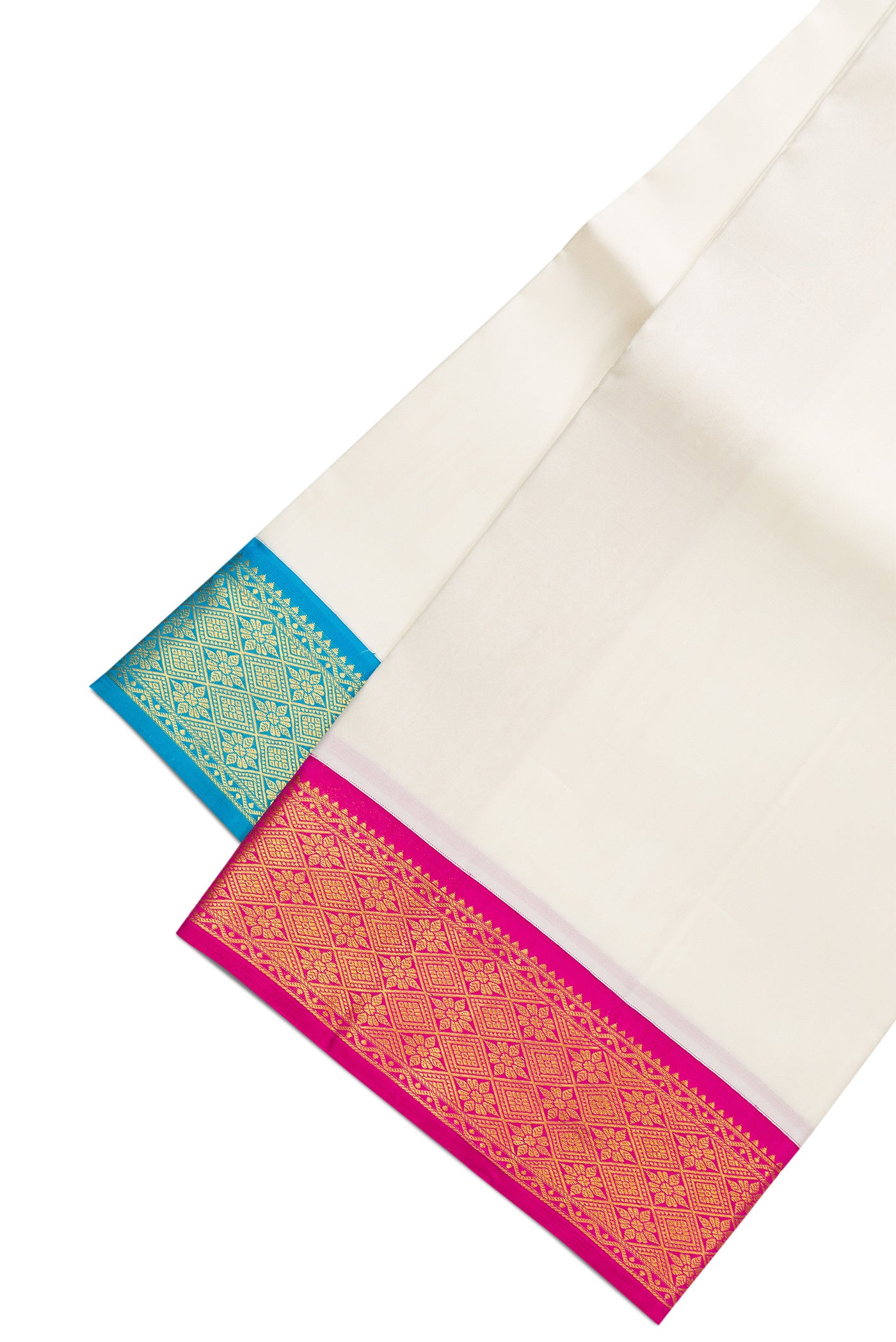 Off White Silk Dhoti With Angavastram (8X4) Muzham with Checked design on the body and Ganga Jamuna Border