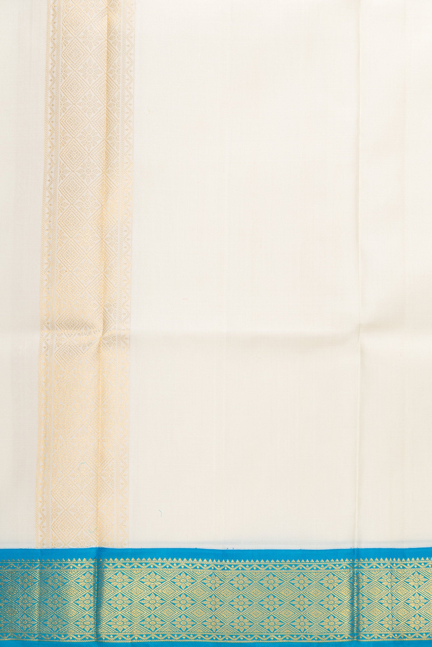 Off White Silk Dhoti With Angavastram (8X4) Muzham with Checked design on the body and Ganga Jamuna Border