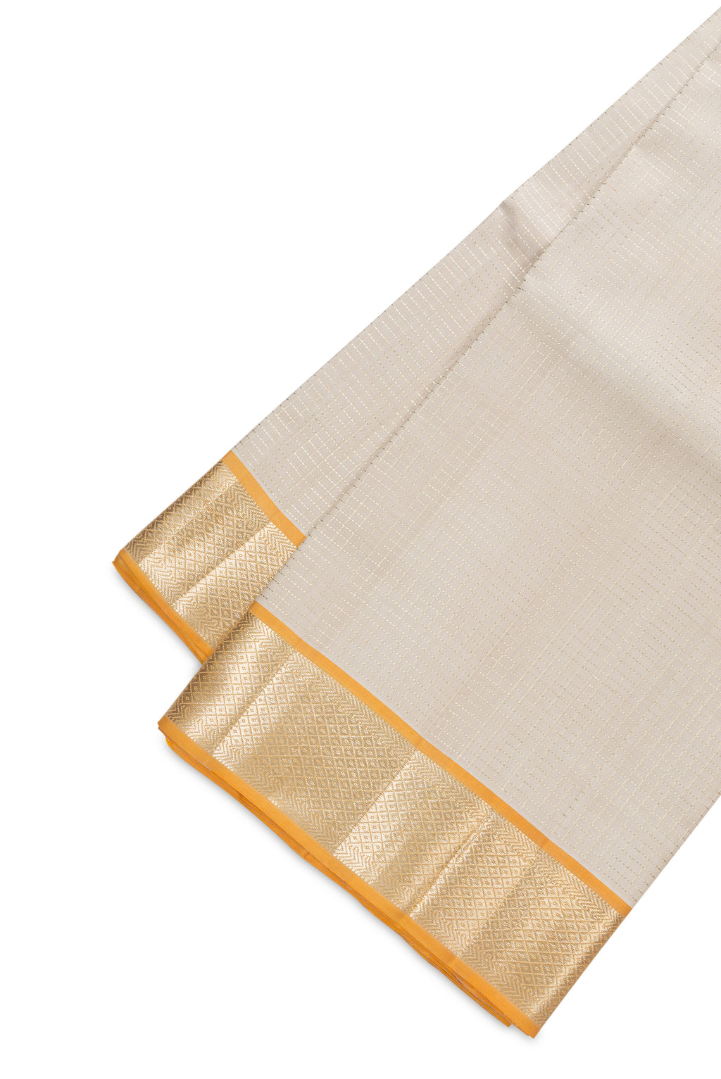 Beige Silk Dhoti With Angavastram (9X 5) Muzham with Checked design on the body and Zari Border