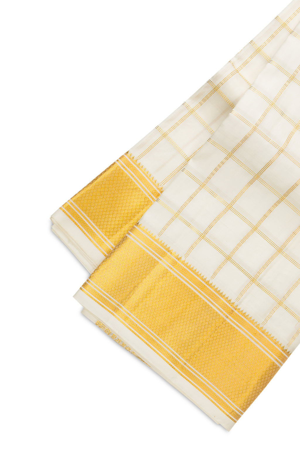 Off White Silk Dhoti With Angavastram (8X4) Muzham with Checked design on the body and Zari Border