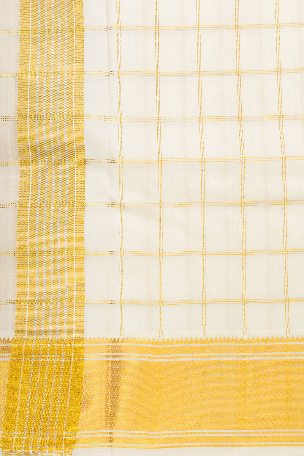 Off White Silk Dhoti With Angavastram (8X4) Muzham with Checked design on the body and Zari Border