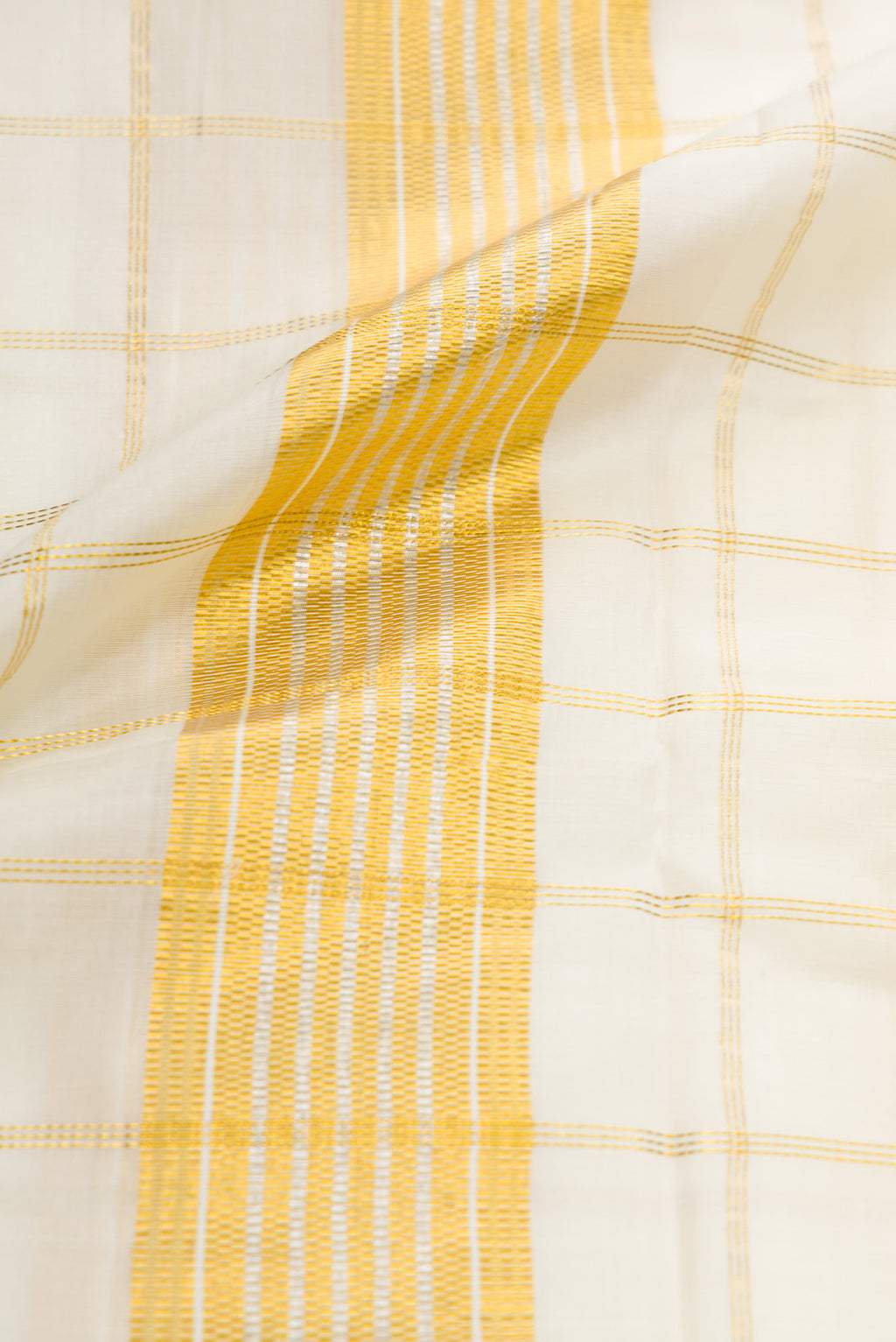 Off White Silk Dhoti With Angavastram (8X4) Muzham with Checked design on the body and Zari Border