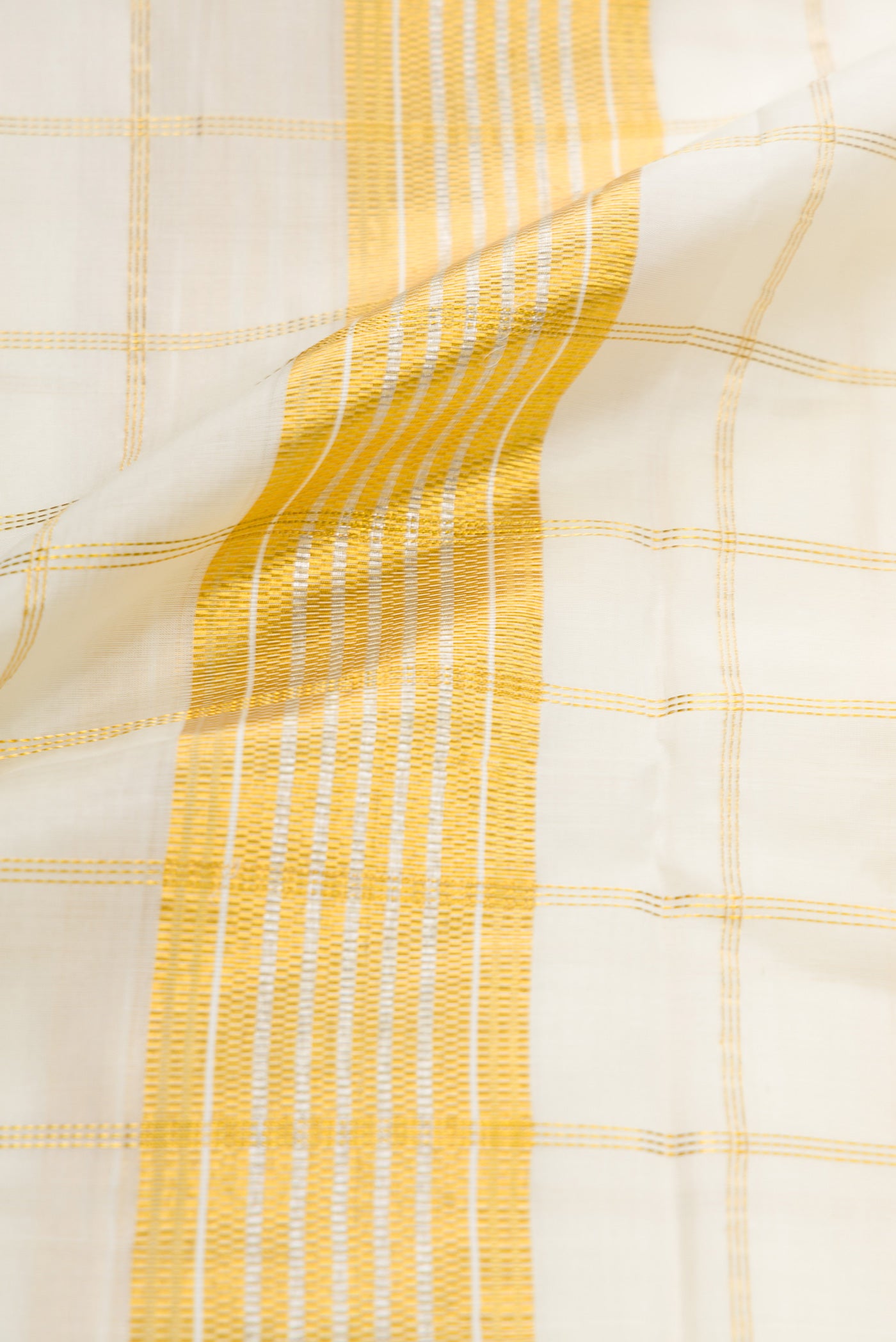 Off White Silk Dhoti With Angavastram (8X4) Muzham with Checked design on the body and Zari Border