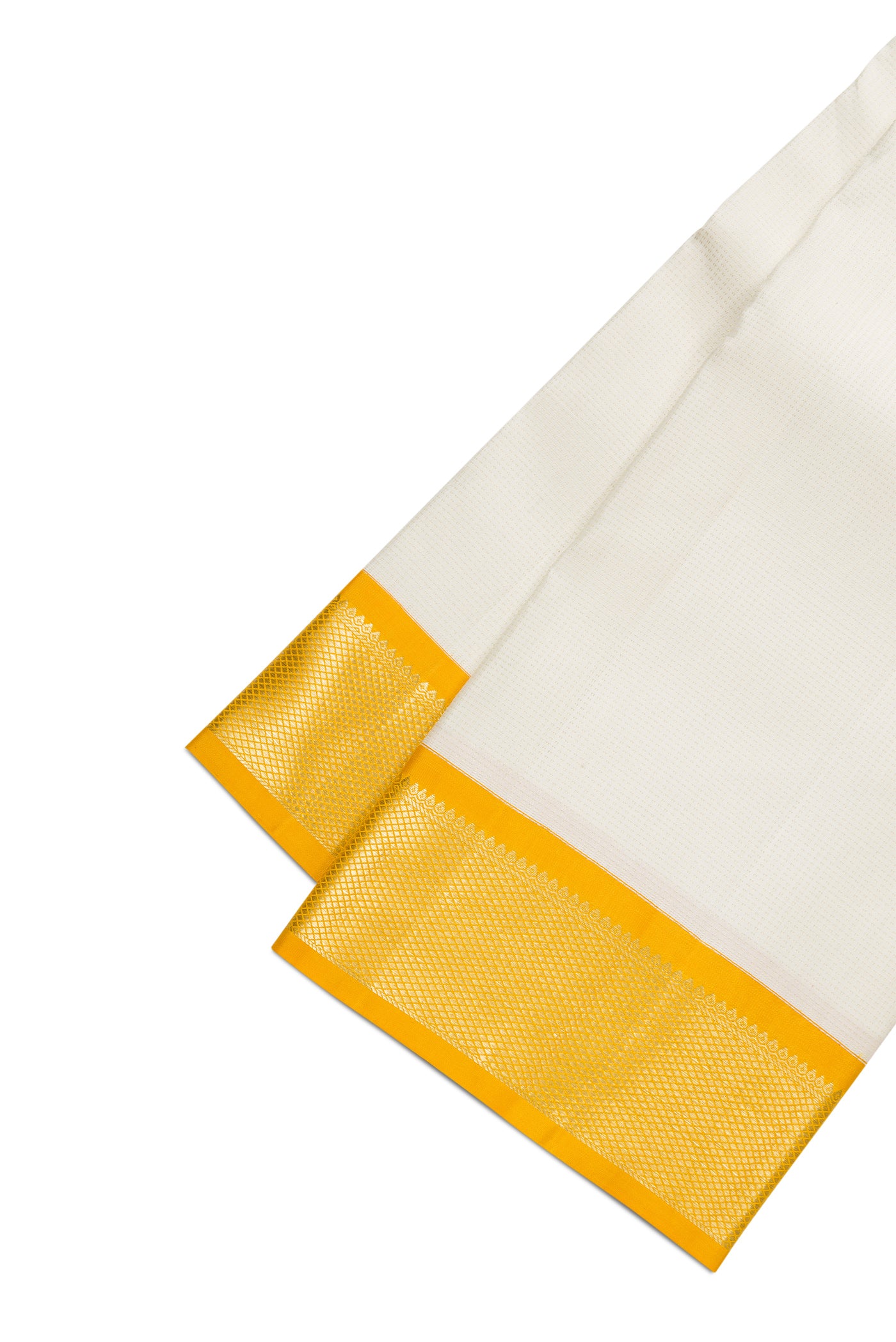 White Silk Dhoti With Angavastram (8X4) Muzham with Zari Brocade on the body and Zari Border