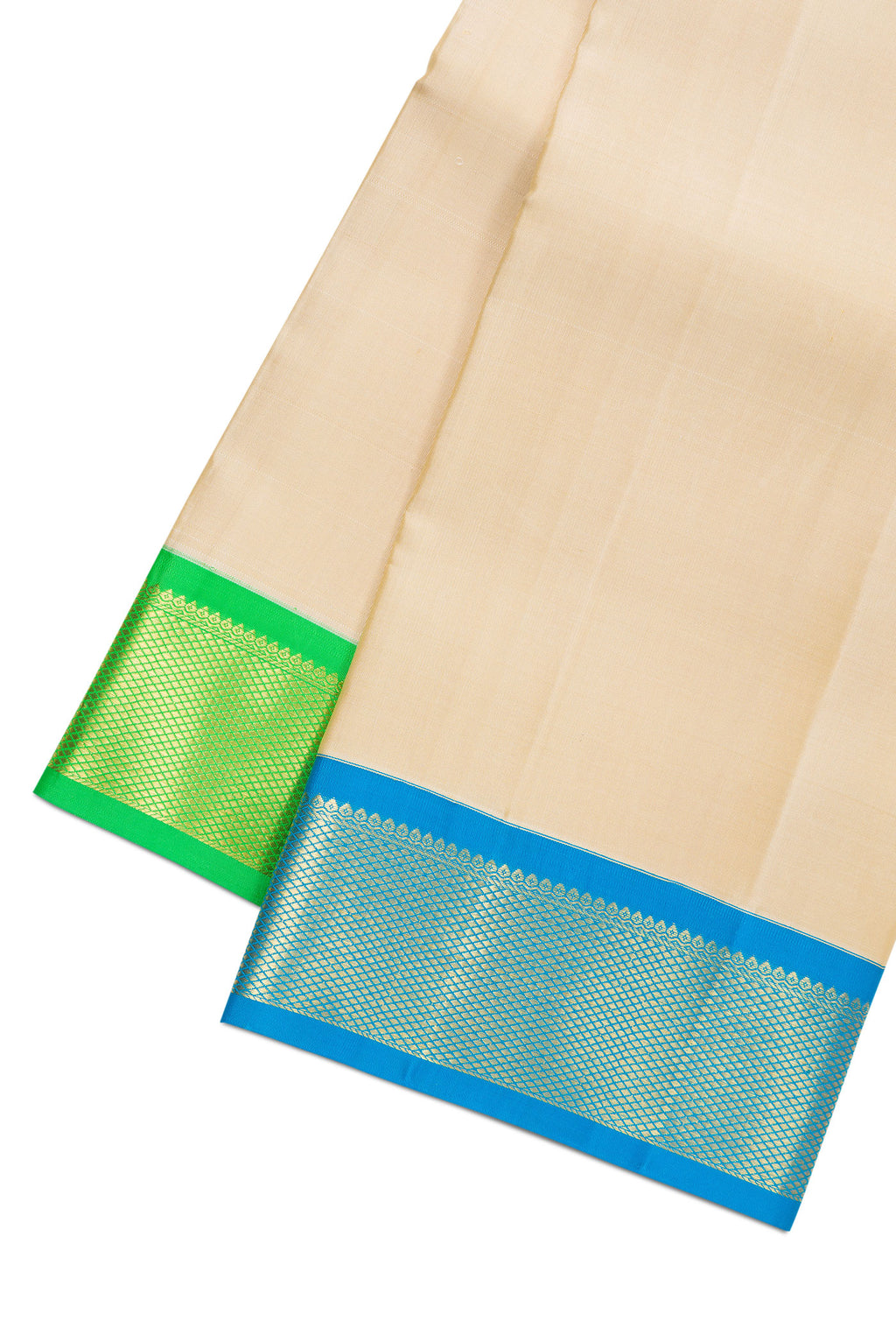 Beige Silk Dhoti With Angavastram (8X4) Muzham with Plain Body and Ganga Jamuna Border