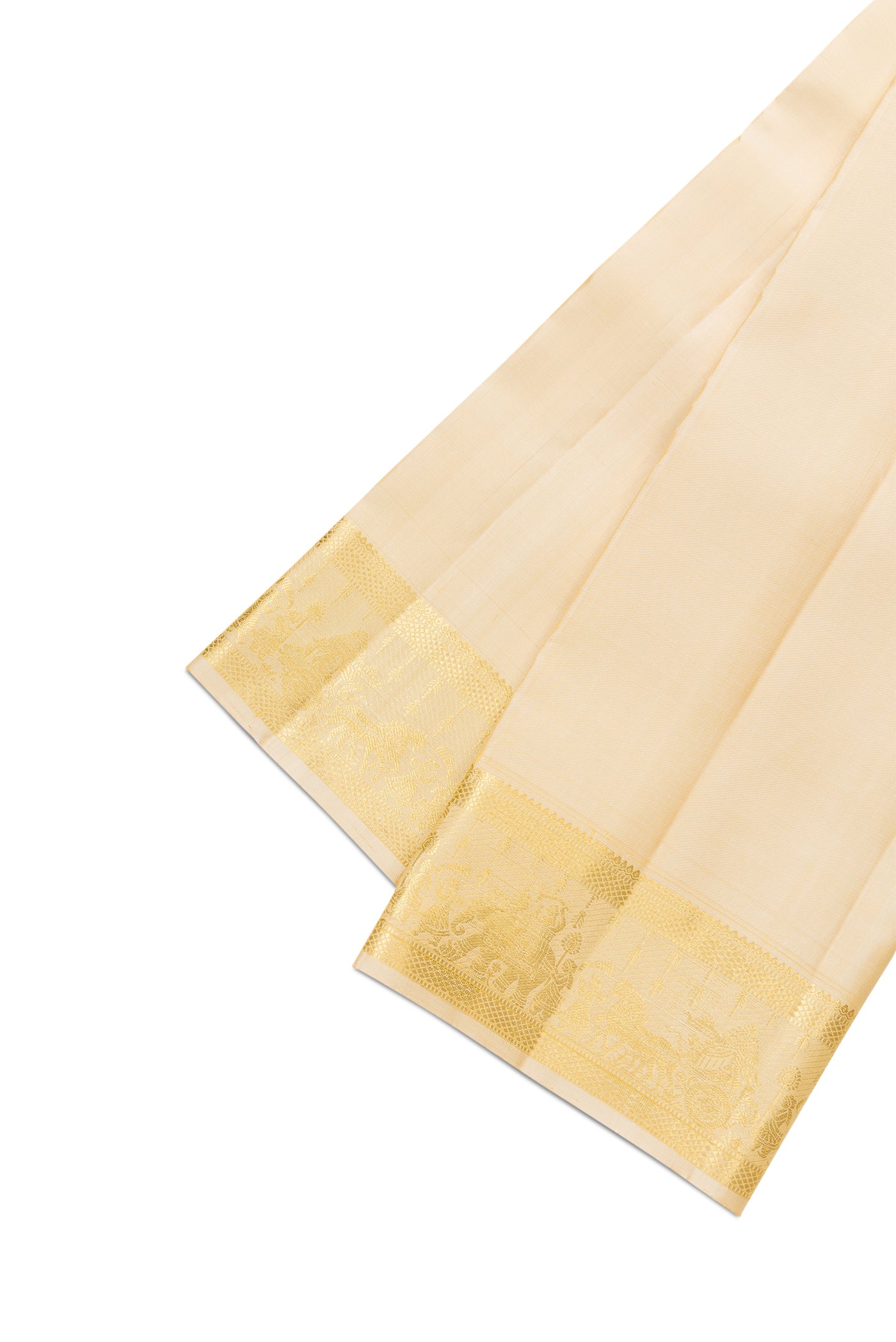 Beige Silk Dhoti With Angavastram (8X4) Muzham with Plain Body and Zari Border
