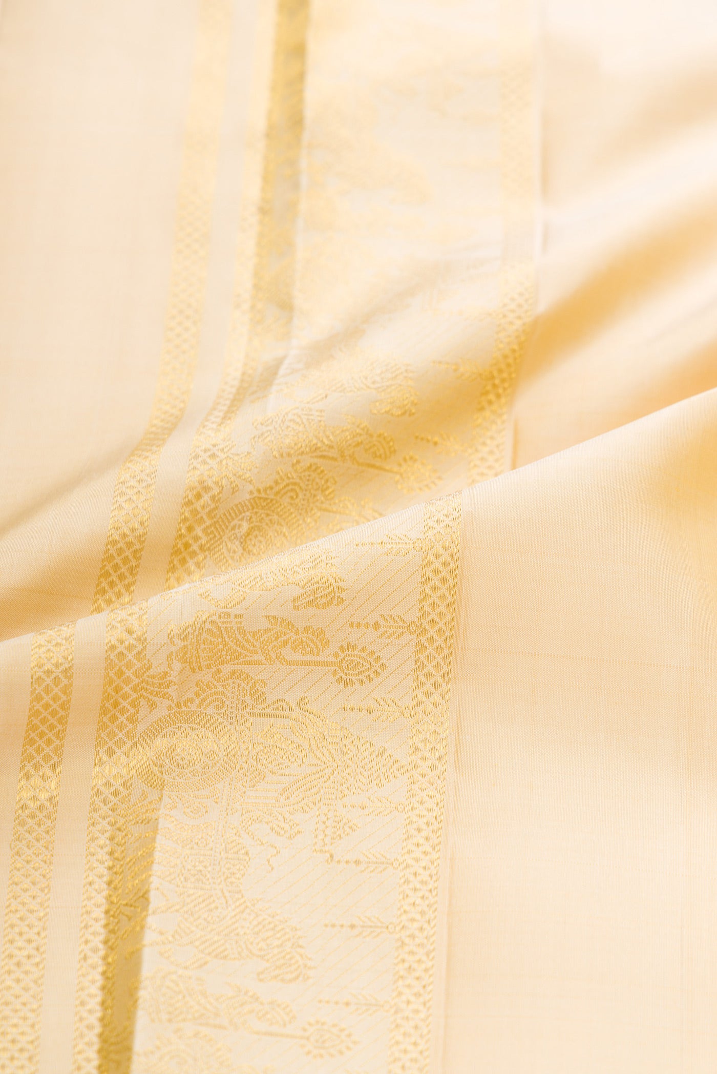 Beige Silk Dhoti With Angavastram (8X4) Muzham with Plain Body and Zari Border