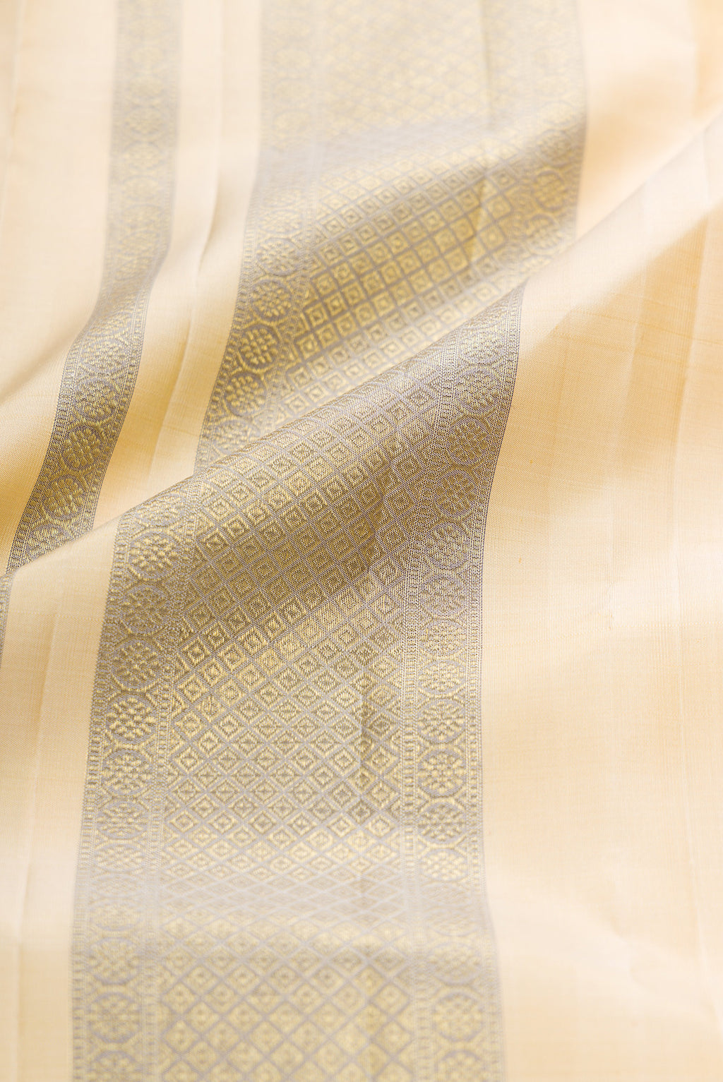 Beige Silk Dhoti With Angavastram (8X4) Muzham with Plain Body and Zari Border