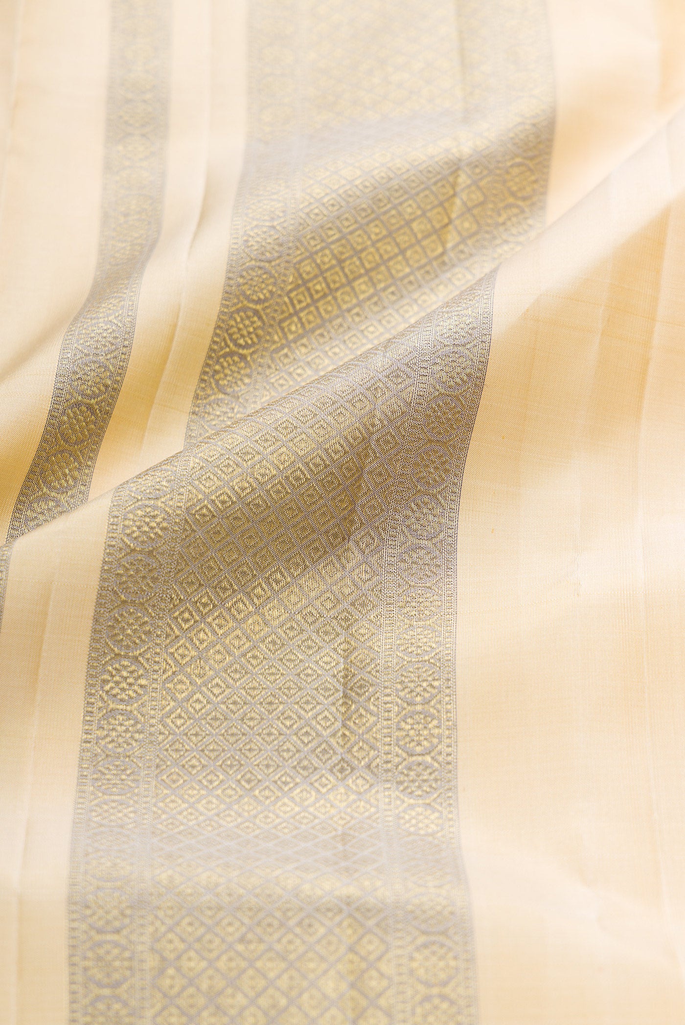 Beige Silk Dhoti With Angavastram (8X4) Muzham with Plain Body and Zari Border