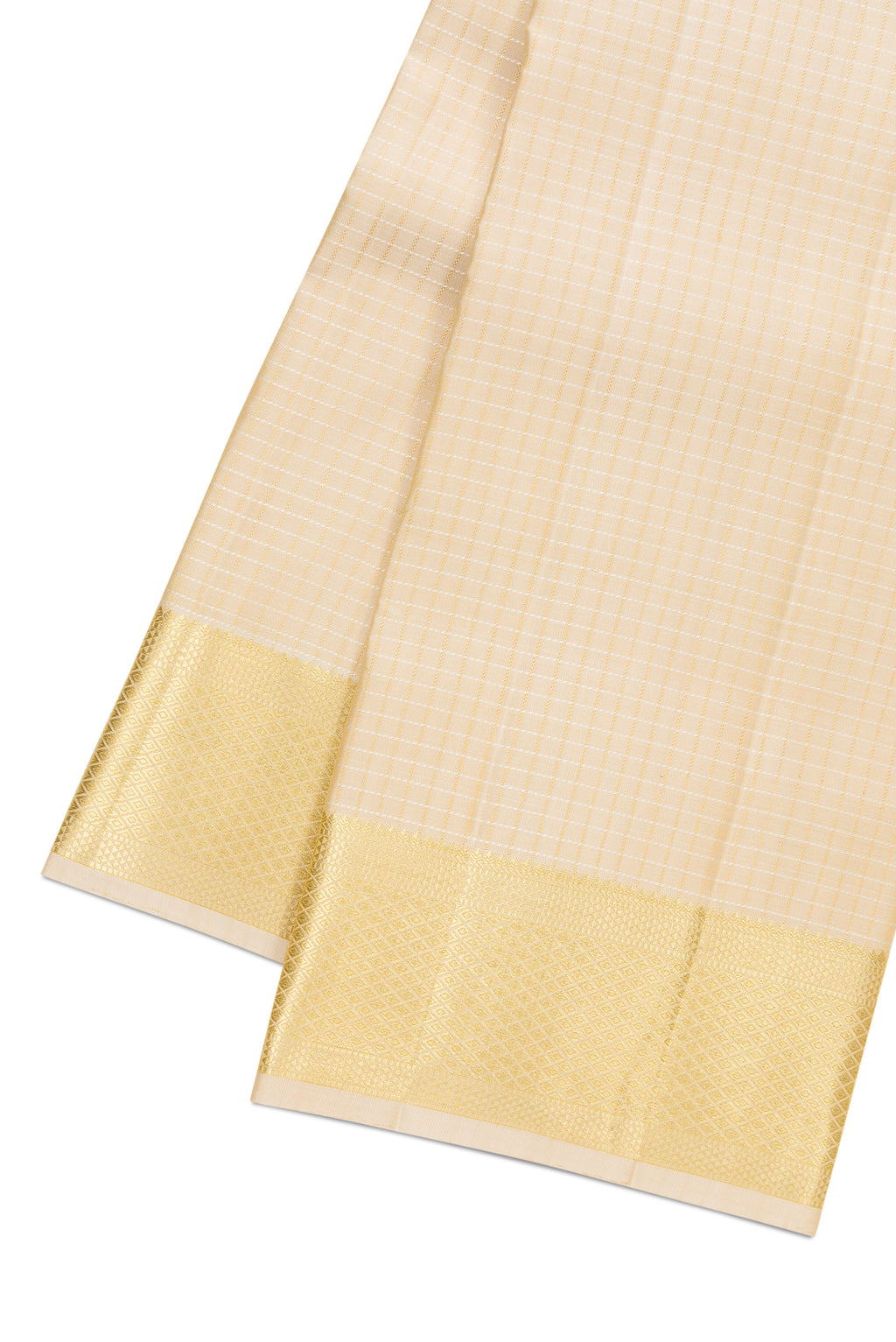 Beige Silk Dhoti With Angavastram (8X4) Muzham with Checked design on the body and Zari Border