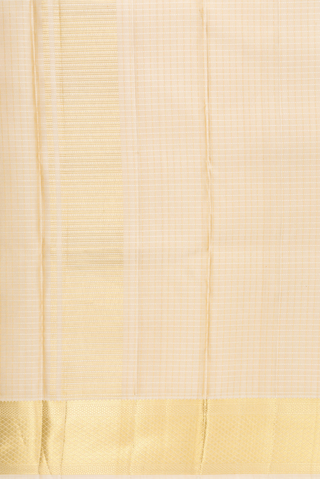 Beige Silk Dhoti With Angavastram (8X4) Muzham with Checked design on the body and Zari Border