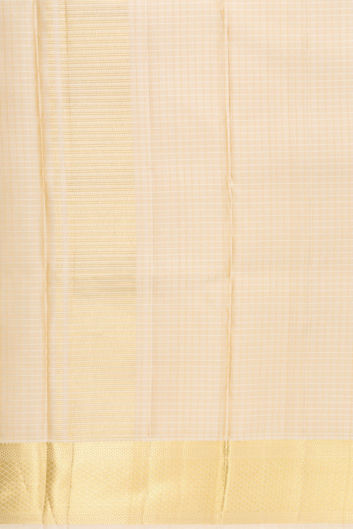 Beige Silk Dhoti With Angavastram (8X4) Muzham with Checked design on the body and Zari Border