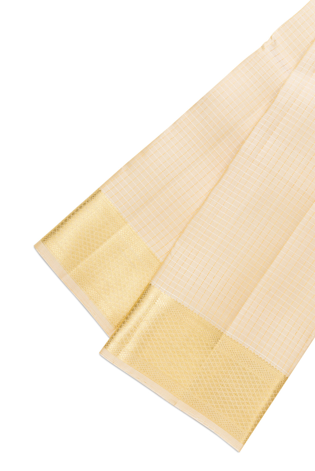 Beige Silk Dhoti With Angavastram (8X4) Muzham with Checked design on the body and Zari Border