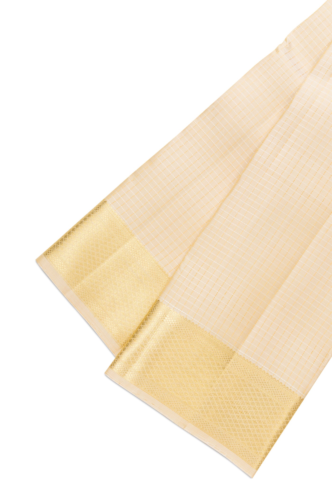 Beige Silk Dhoti With Angavastram (8X4) Muzham with Checked design on the body and Zari Border