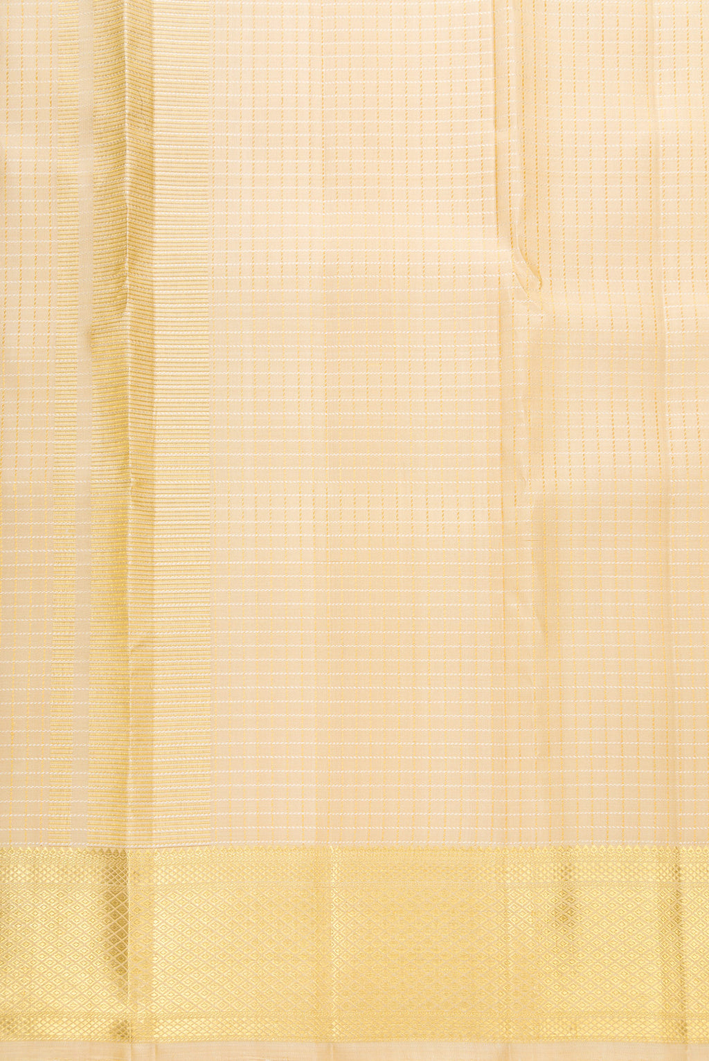 Beige Silk Dhoti With Angavastram (8X4) Muzham with Checked design on the body and Zari Border