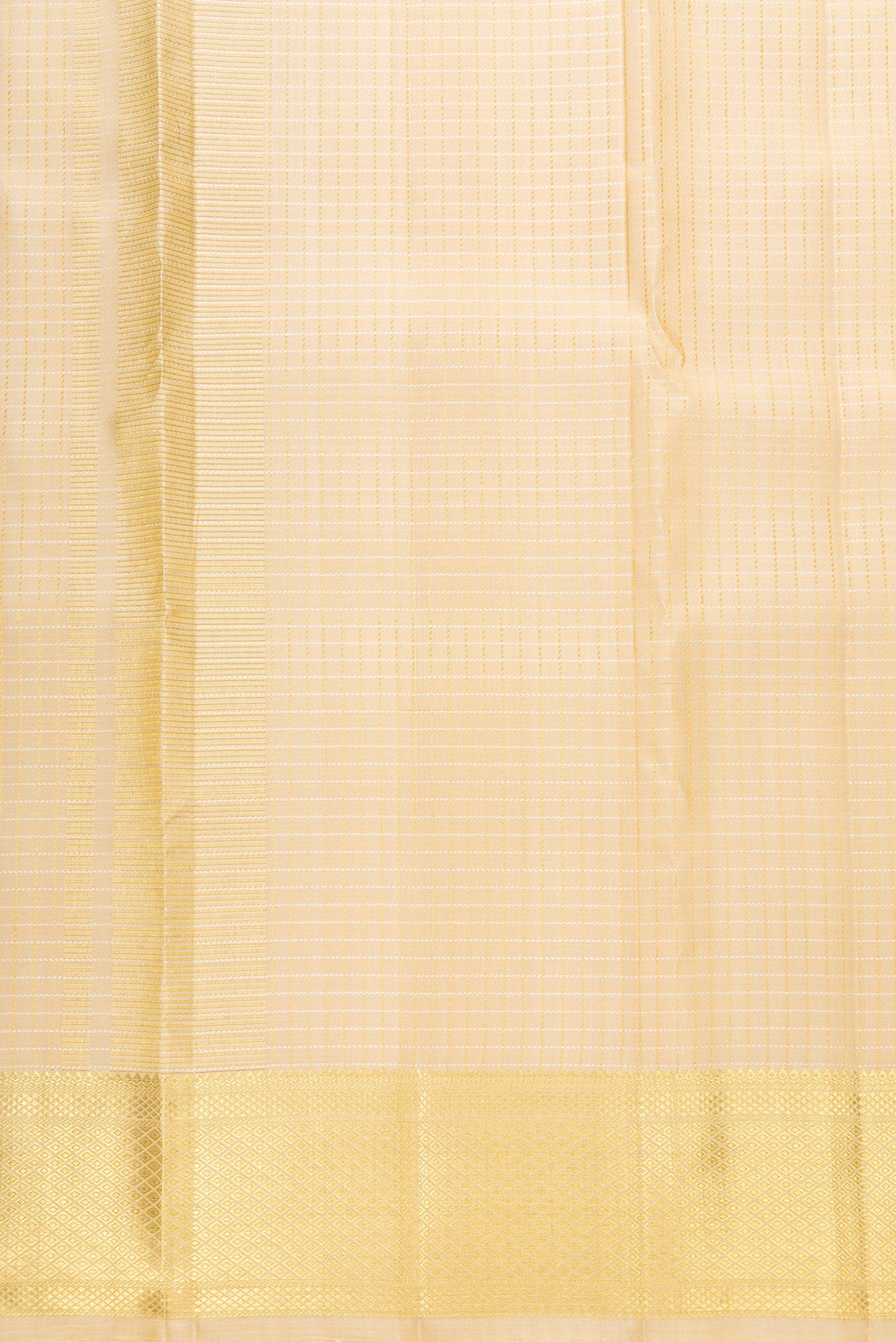 Beige Silk Dhoti With Angavastram (8X4) Muzham with Checked design on the body and Zari Border