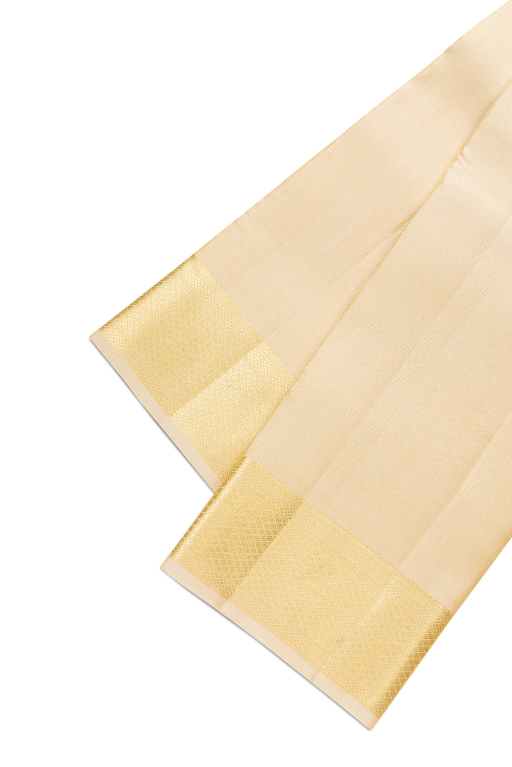 Beige Silk Dhoti With Angavastram (8X4) Muzham with Checked design on the body and Zari Border