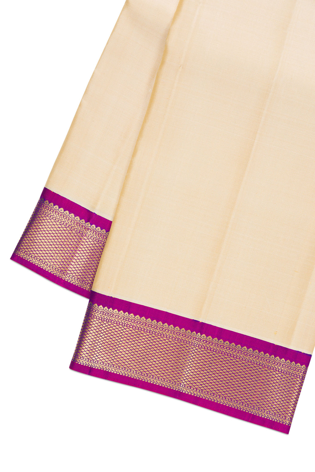 Beige Silk Dhoti With Angavastram (8X4) Muzham with Plain Body and Zari Border