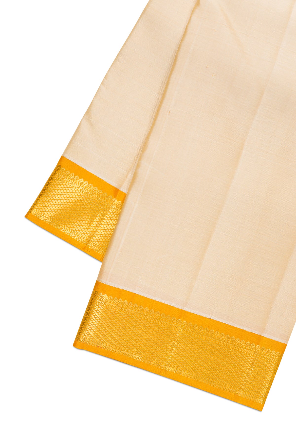Beige Silk Dhoti With Angavastram (8X4) Muzham with Plain Body and Zari Border