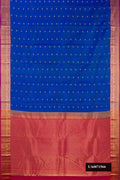 Royal Blue Dual Tone Kanchipuram Silk Saree with Zari Butta on the body and Zari Border.  displayed on a mannequin