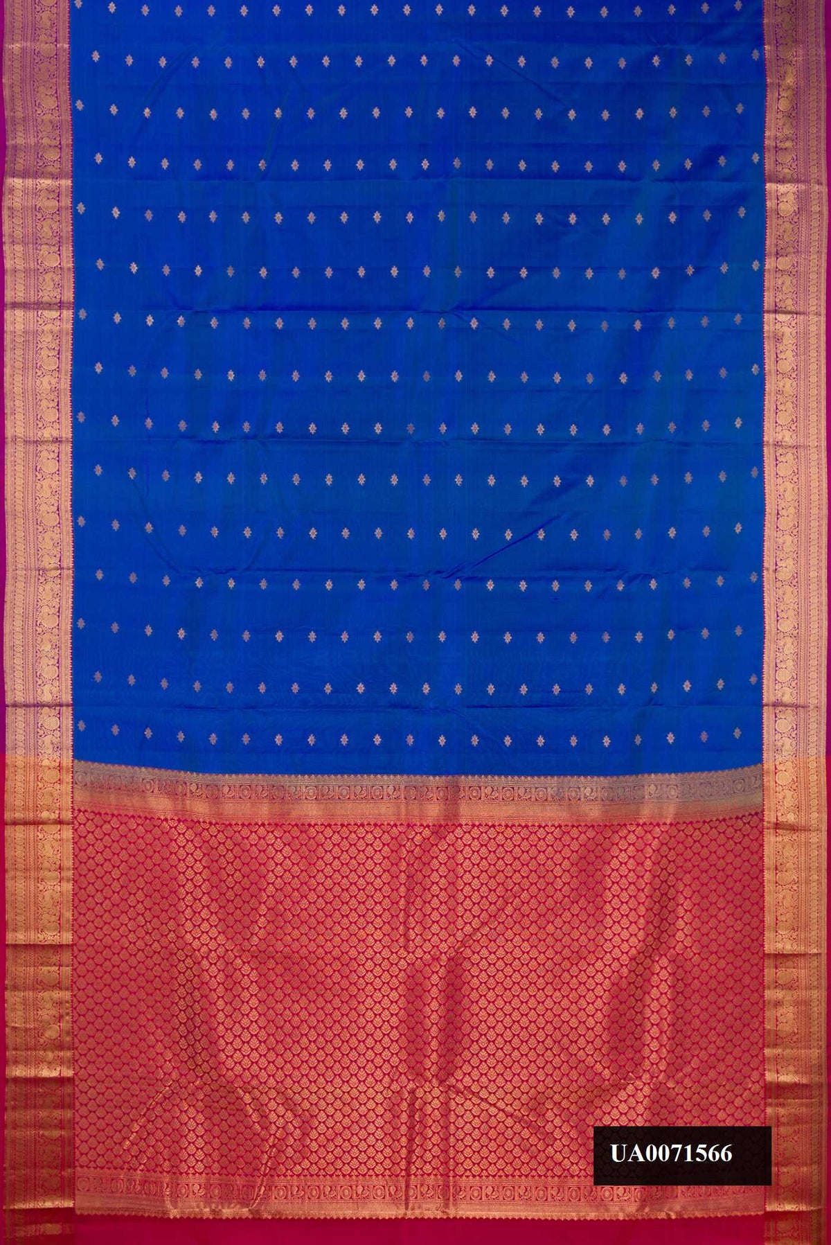 Royal Blue Dual Tone Kanchipuram Silk Saree with Zari Butta on the body and Zari Border.  displayed on a mannequin