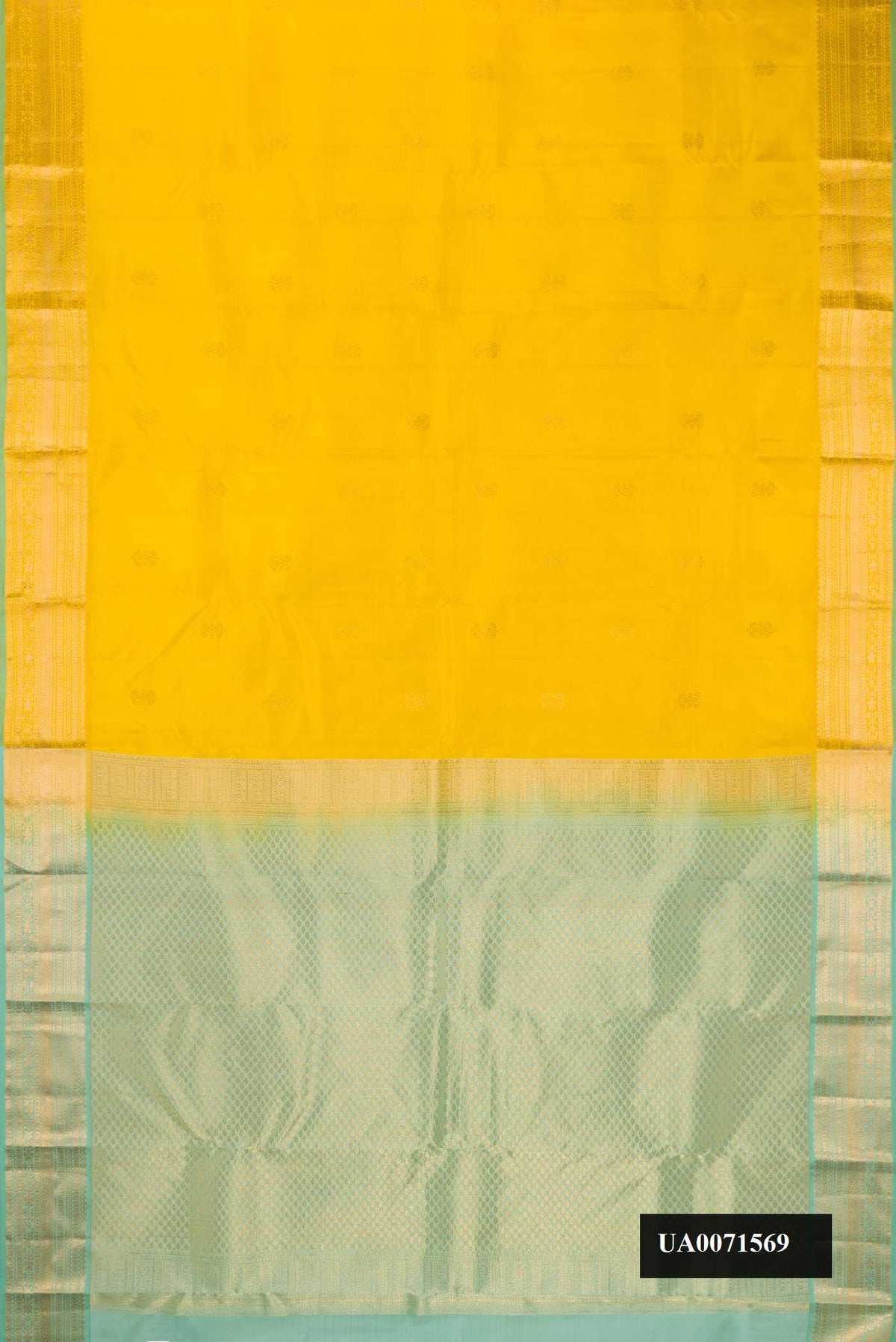 Yellow Dual Tone Kanchipuram Silk Saree with Zari Butta on the body and Zari Border.  displayed on a mannequin