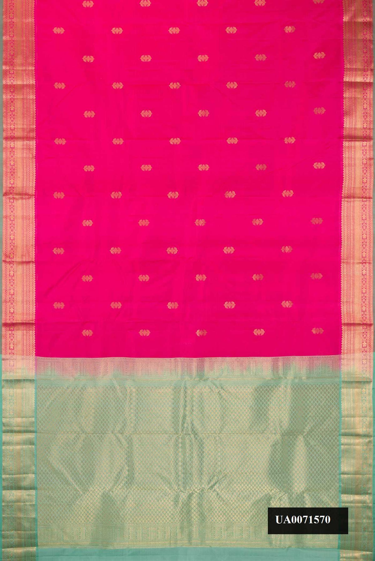 Dark Pink Dual Tone Kanchipuram Silk Saree with Zari Butta on the body and Fancy Border.  displayed on a mannequin