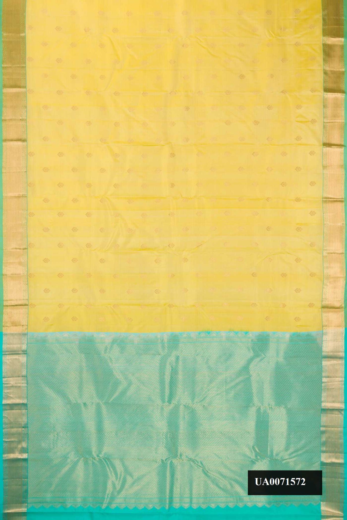 Lemon Yellow Dual Tone Kanchipuram Silk Saree with Zari Butta on the body and Zari Border.  displayed on a mannequin