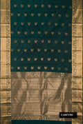 Bottle Green Dual Tone Kanchipuram Silk Saree with Zari Butta on the body and Zari Border.  displayed on a mannequin