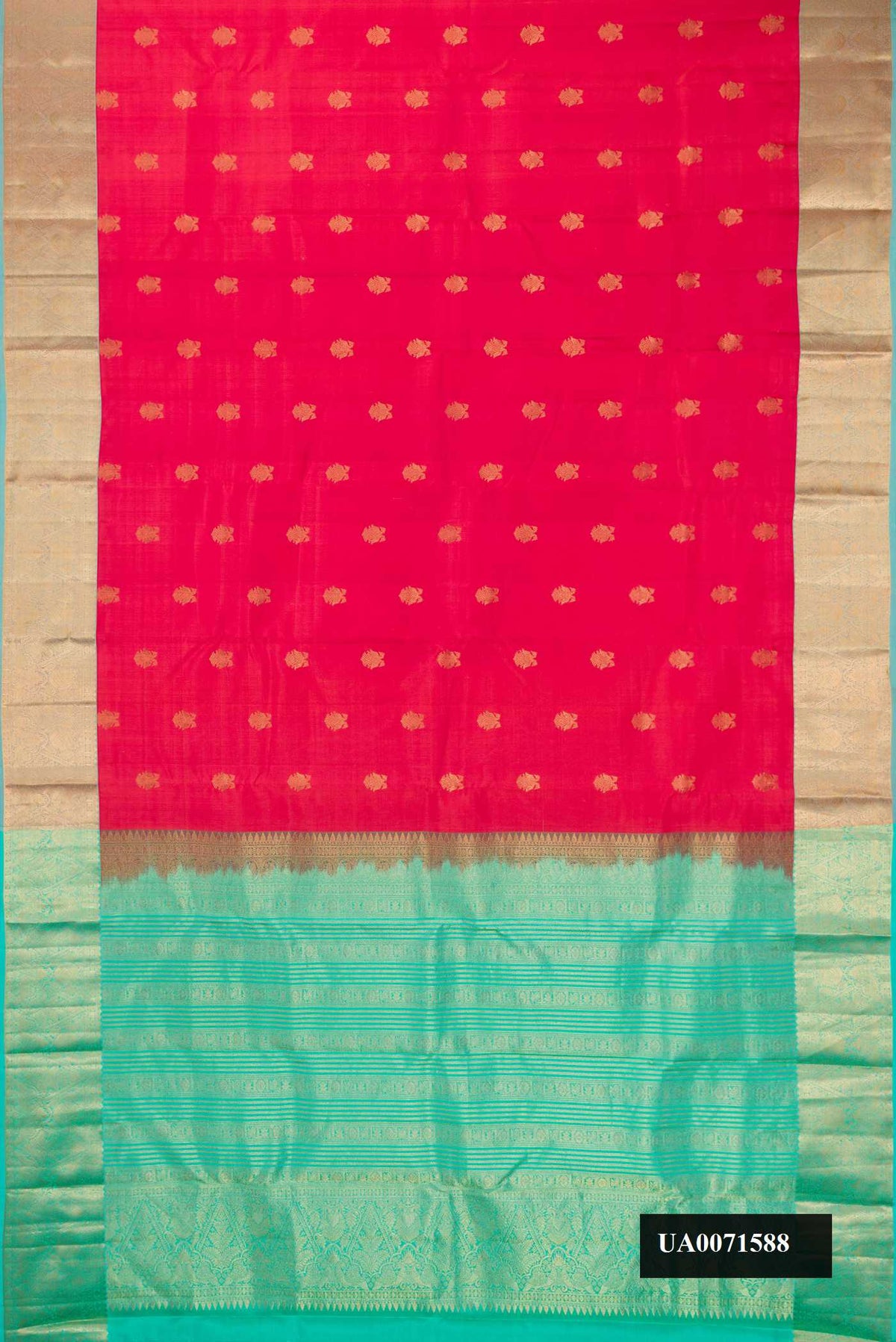 Pink Dual Tone Kanchipuram Silk Saree with Zari Butta on the body and Zari Border.  displayed on a mannequin