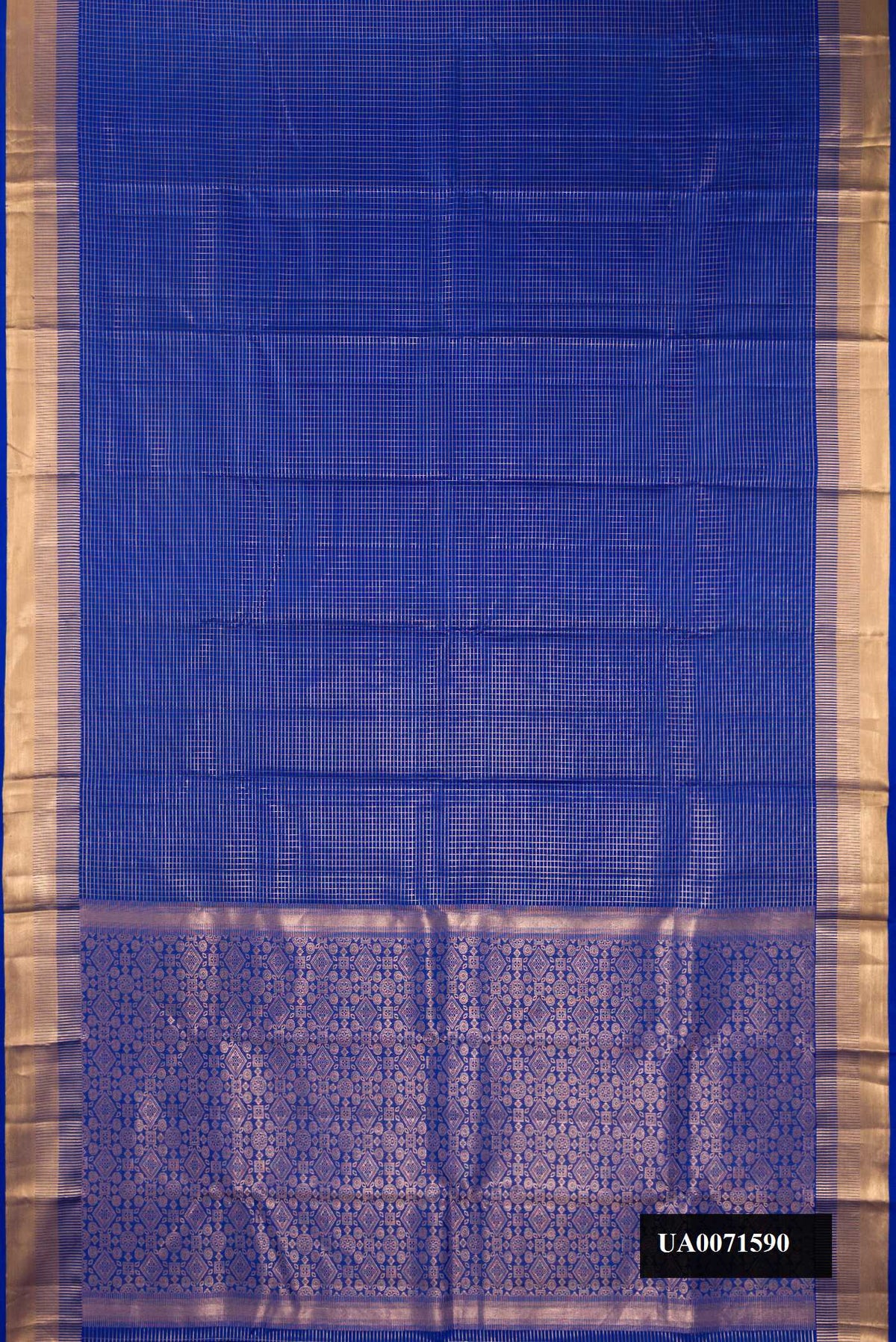 Royal Blue Dual Tone Kanchipuram Silk Saree with Checked design on the body and Zari Border.  displayed on a mannequin