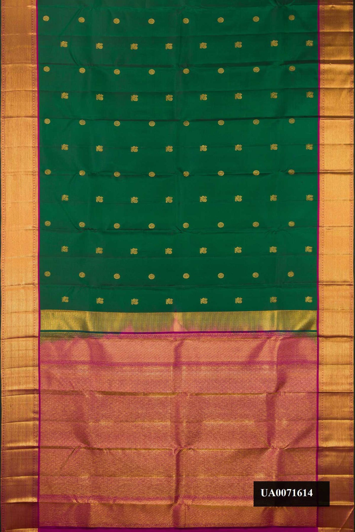 Bottle Green Dual Tone Kanchipuram Silk Saree with Zari Butta on the body and Zari Border.  displayed on a mannequin