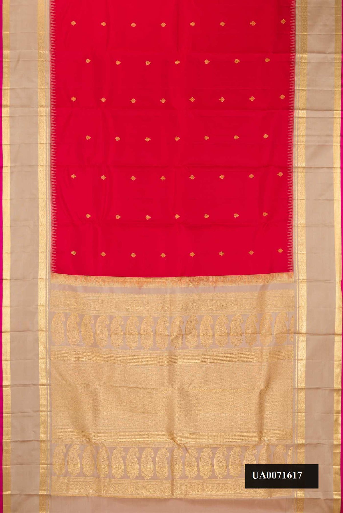 Red Dual Tone Kanchipuram Silk Saree with Zari Butta on the body and Zari Border.  displayed on a mannequin