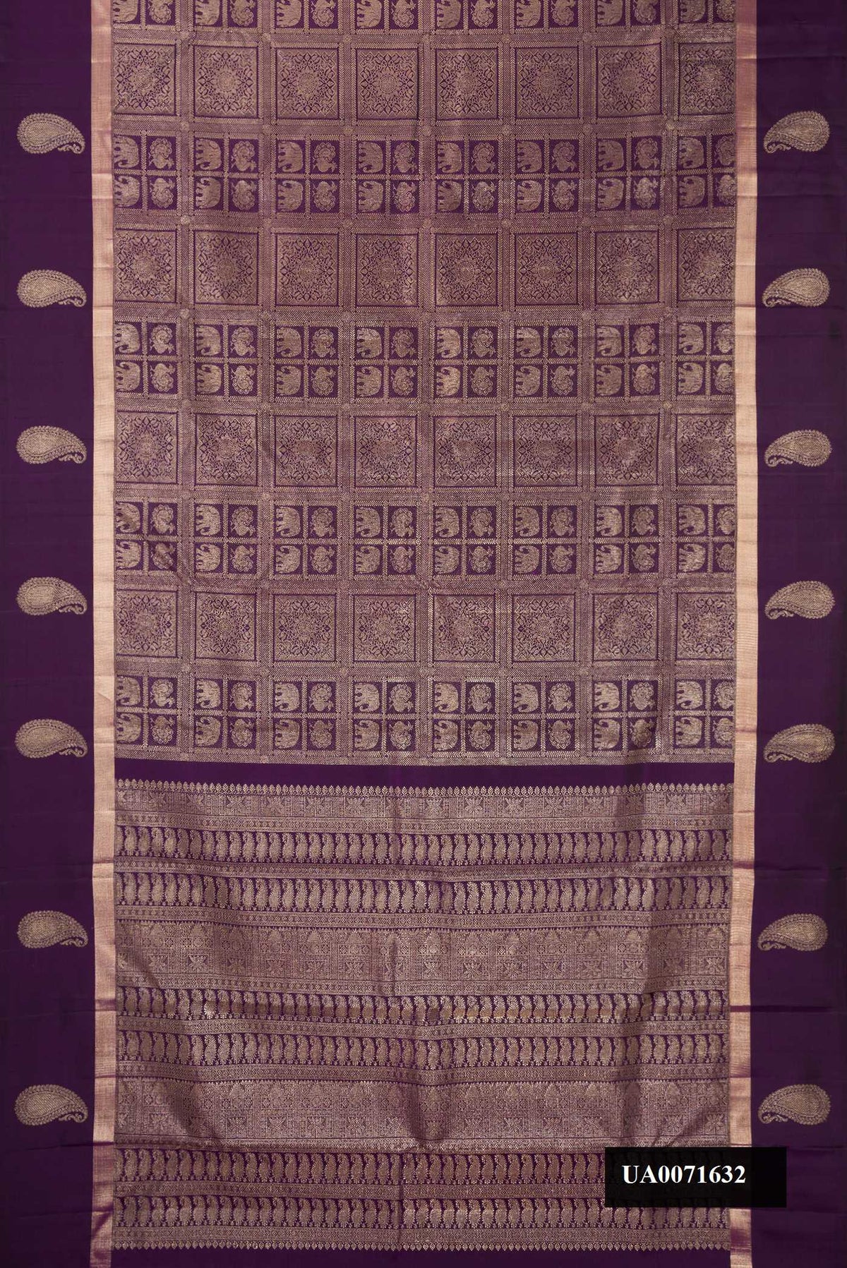 Violet Dual Tone Kanchipuram Silk Saree with Zari Brocade on the body and Fancy Border.  displayed on a mannequin