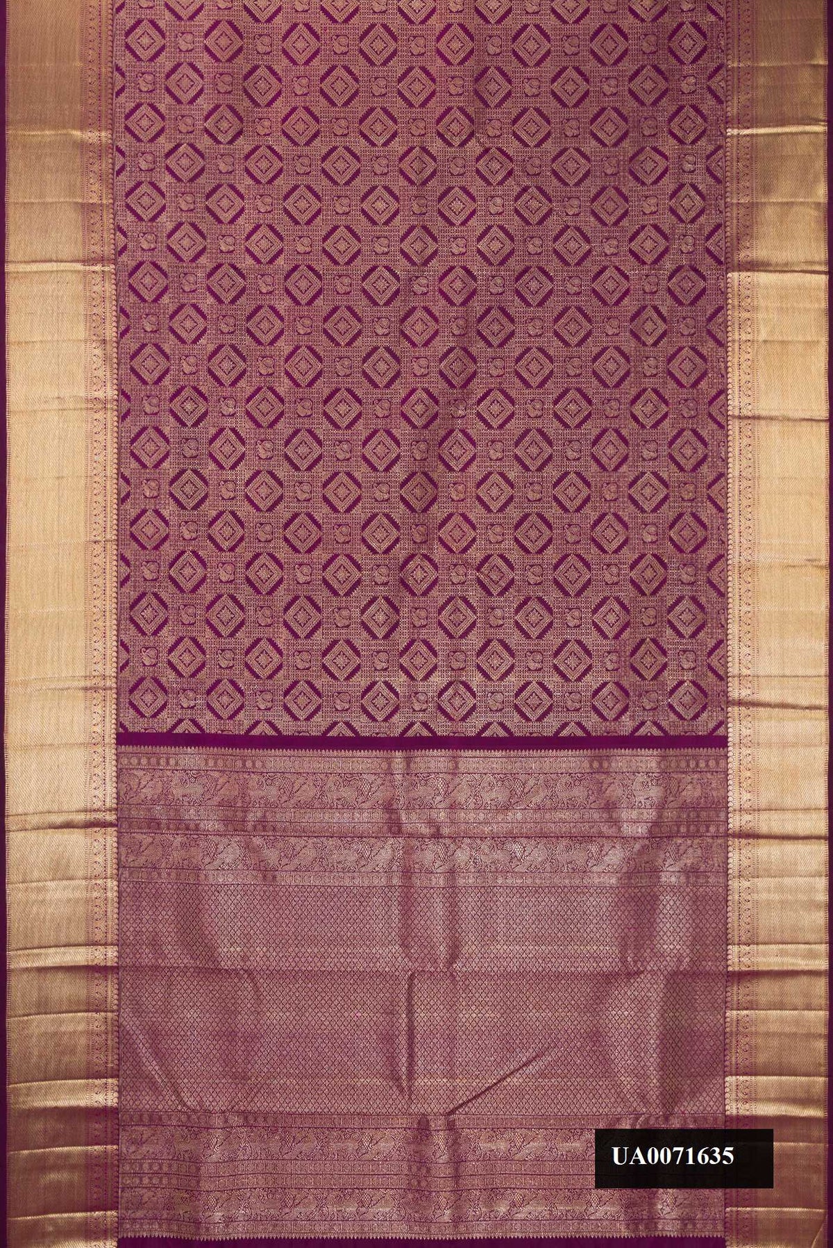 Violet Dual Tone Kanchipuram Silk Saree with Zari Brocade on the body and Zari Border.  displayed on a mannequin