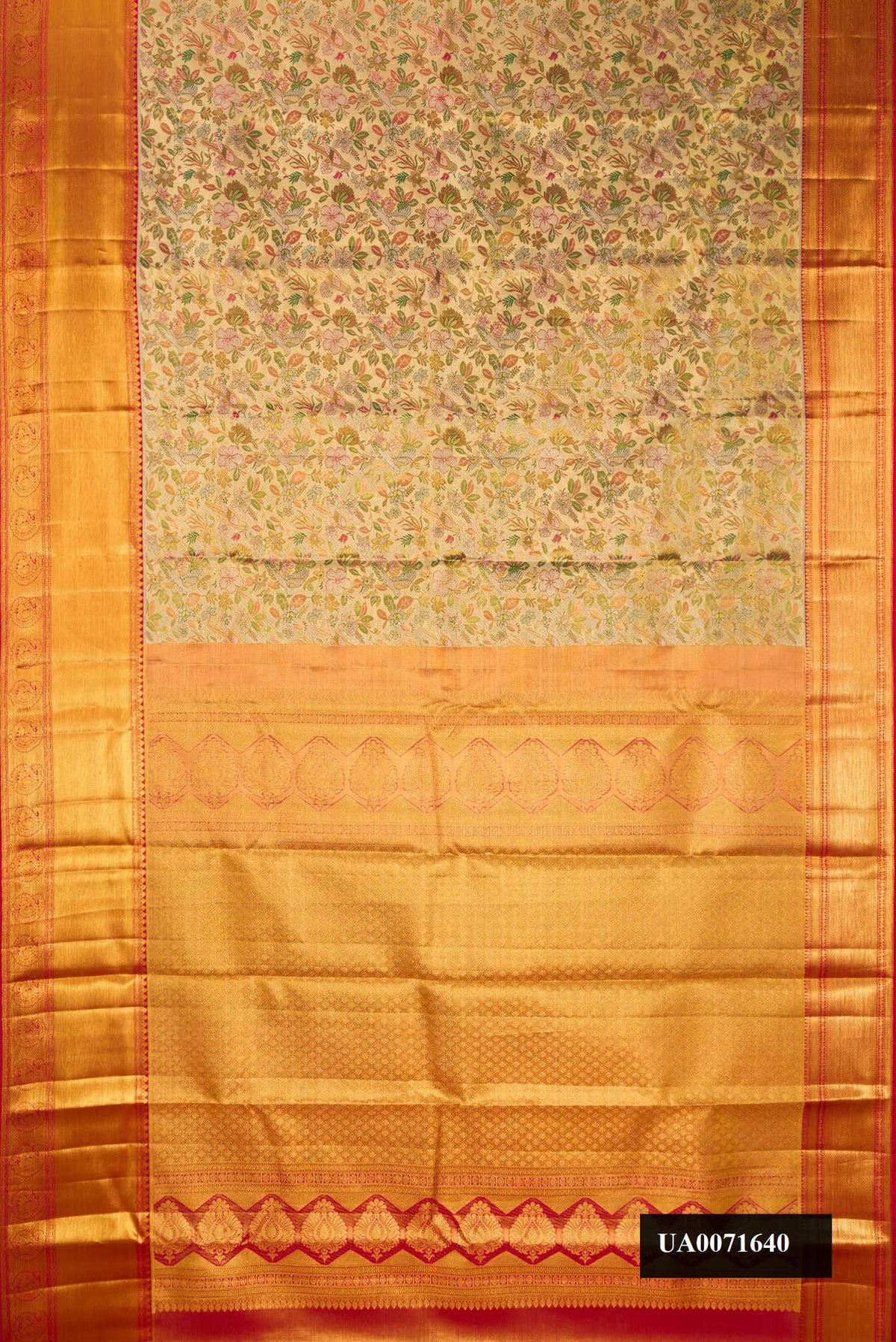 Gold Dual Tone Kanchipuram Tissue Silk Saree with Zari Brocade on the body and Zari Border.  displayed on a mannequin