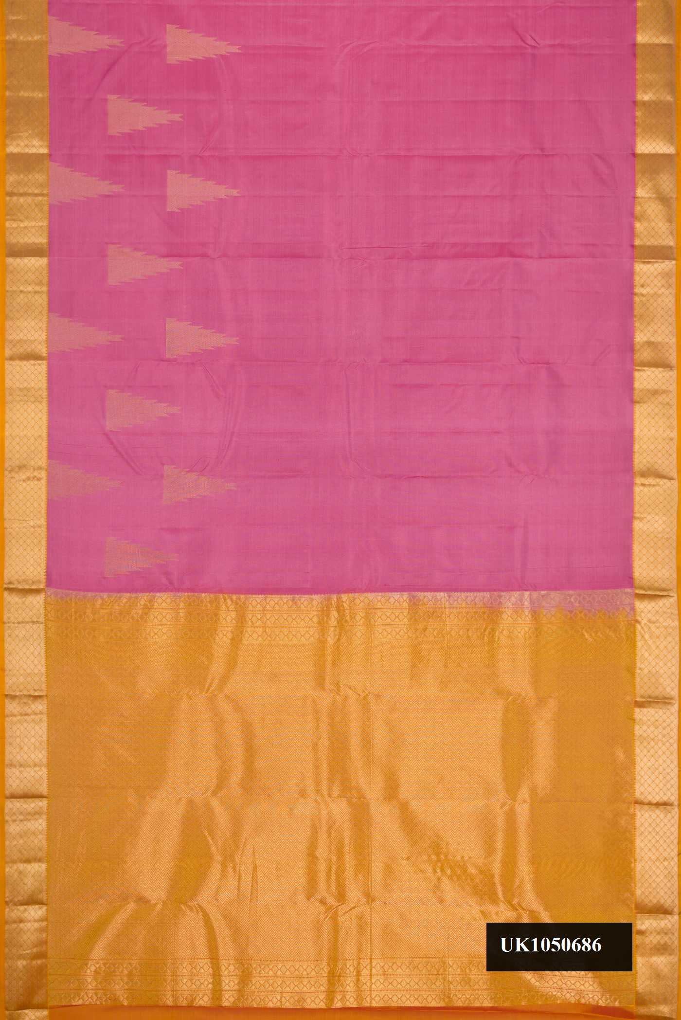 Pink Dual Tone Kanchipuram Silk Saree with Plain Body and Temple Border.  displayed on a mannequin