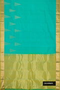 Sea Green Dual Tone Kanchipuram Silk Saree with Plain Body and Temple Border.  displayed on a mannequin
