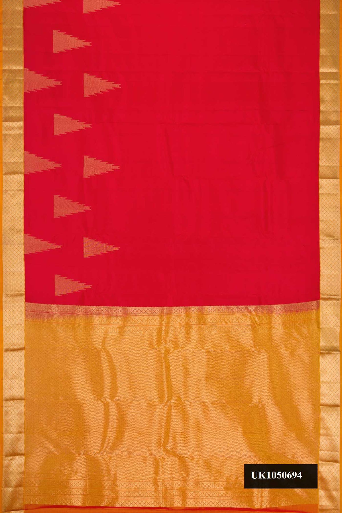 Red Dual Tone Kanchipuram Silk Saree with Plain Body and Temple Border.  displayed on a mannequin